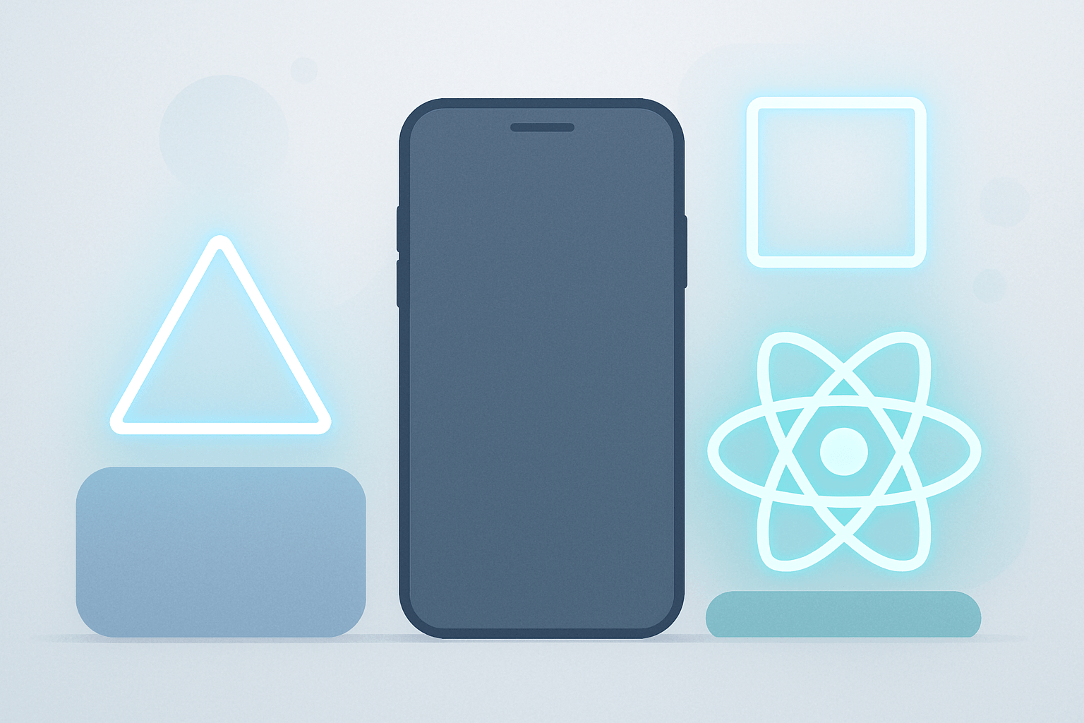 Abstract illustration of a smartphone surrounded by geometric shapes representing mobile app framework choices