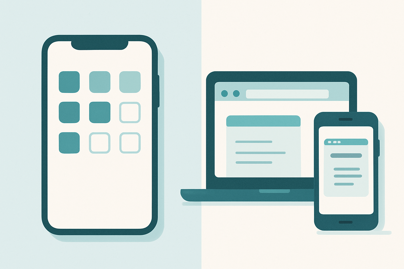 Illustration comparing a native mobile app on a smartphone with a mobile web app in a browser window